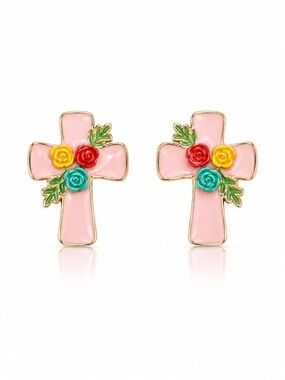 Cross Floral Stud Earrings in Pink with Multicolor Accents